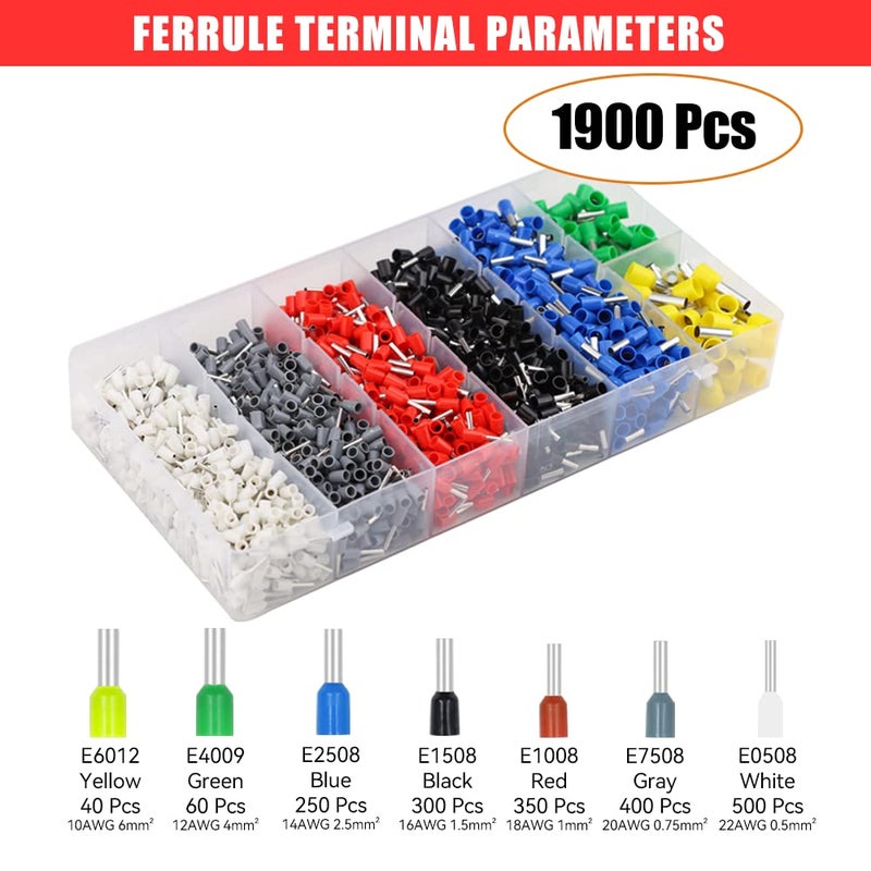 HKS Ferrule Crimping Tool Kit - Square Ferrule Crimper Plier (AWG 23-7) with 1900pcs Wire End-Sleeves Terminals Kit - Image 2